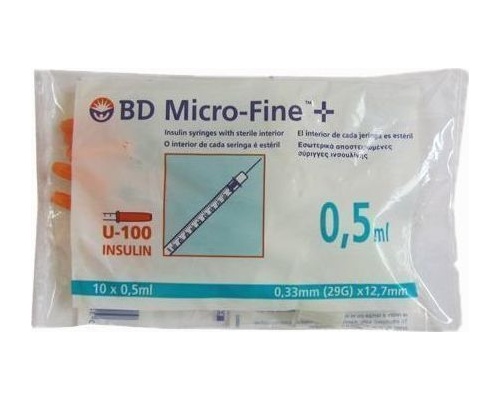 BD Micro-Fine+ Σύριγγες Ινσουλίνης 0,5ml 0.33mm (29G) x 12.7mm, 10τμχ BD Micro-Fine+ Σύριγγες Ινσουλίνης 0,5ml 0.33mm (29G) x 12.7mm, 10τμχ