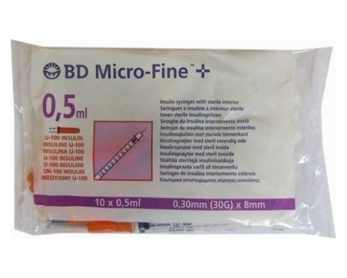 BD Micro-Fine+ Σύριγγες Ινσουλίνης 0,5ml 0.30mm (30G) x 8.mm, 10τμχ BD Micro-Fine+ Σύριγγες Ινσουλίνης 0,5ml 0.30mm (30G) x 8.mm, 10τμχ