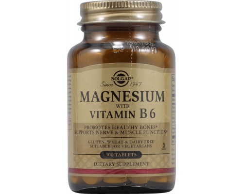 SOLGAR Magnesium + B6 100tabs, Συμπλήρωμα Διατροφής για την καταπολέμηση των ημικρανιών και την μείωση των κραμπών και στη μείωση των προεμμηνορυσιακών συμπτωμάτων