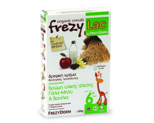 FREZYLAC Organic Cereals,Βιολογική κρέμα για βρέφη μετά τον 6ο μήνα ,Βρώμη Ολικής Άλεσης Γάλα - Μήλο Βανίλια 200g