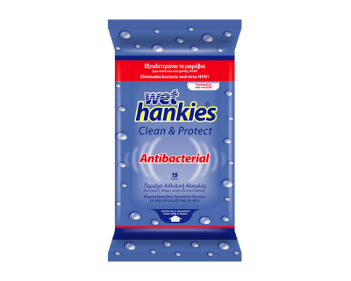 MEGA WET HANKIES Antibacterial Μαντηλάκια αντιβακτηριδιακά με αιθυλική αλκοόλη 15 τεμάχια 