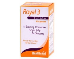 Health Aid ROYAL 3 Royal Jelly, Evening Primrose Oil & Ginseng,  Απαραίτητο για πολλές λειτουργίες όπως στο κυκλοφορικό, στο μεταβολισμό, στο αναπαραγωγικό 30 κάψουλες   Health Aid ROYAL 3 Royal Jelly, Evening Primrose Oil & Ginseng,  Απαραίτητο για πολλές λειτουργίες όπως στο κυκλοφορικό, στο μεταβολισμό, στο αναπαραγωγικό 30 κάψουλες