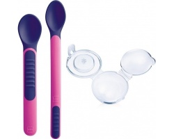 MAM Heat Sensitive Spoons & Cover 6m+ Θερμοευαίσθητα κουταλάκια με προστατευτική θήκη 2 τμχ χρώματος φούξια