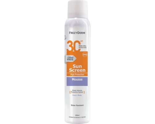 Frezyderm Sun Screen Mousse SPF30 Αντηλιακό Σπρεί σε Μορφή Αφρού για Πρόσωπο & Σώμα, 200ml  Frezyderm Sun Screen Mousse SPF30 Αντηλιακό Σπρεί σε Μορφή Αφρού για Πρόσωπο & Σώμα, 200ml