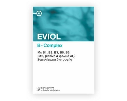 Eviol, B-Complex, Συμπλήρωμα Συμπλέγματος Βιταμίνης B για τη Φυσιολογική Λειτουργία του Νευρικού Συστήματος, 30 caps  Eviol, B-Complex, Συμπλήρωμα Συμπλέγματος Βιταμίνης B για τη Φυσιολογική Λειτουργία του Νευρικού Συστήματος, 30 caps