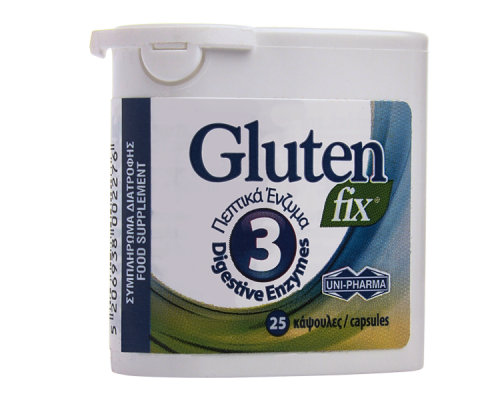 UNI-PHARMA Gluten Fix, Συμπλήρωμα διατροφής που υποστηρίζει τη διαδικασία της πέψης με 3 Πεπτικά ένζυμα 25 κάψουλες UNI-PHARMA Gluten Fix, Συμπλήρωμα διατροφής που υποστηρίζει τη διαδικασία της πέψης με 3 Πεπτικά ένζυμα 25 κάψουλες