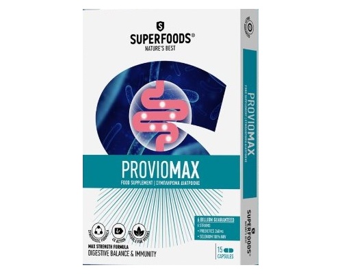 Superfoods Proviomax Συμπλήρωμα Διατροφής Προβιοτικών,Ενισχύει τη εντερική χλωρίδα & συμβάλλει στη καλή υγεία του γαστρεντερικού 15caps  