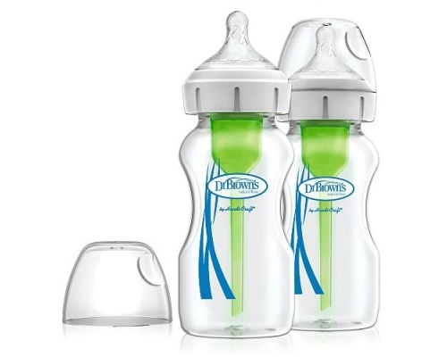DR.BROWN'S Natural Flow Option's+, Γυαλινο Μπιμπερό με Θηλή Σιλικόνης  Επίπεδο 1 0m+ WB92700,  Φαρδύς Λαιμός, 2*270ml