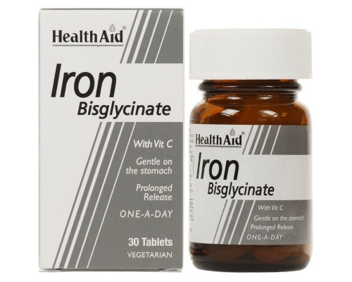 Health Aid IRΟΝ Bisglycinate with Vit C,Βοηθάει στην μεταφορά θρεπτικών συστατικών στον οργανισμό, προσδίδοντας δύναμη, ζωτικότητα και ενέργεια  30 ταμπλέτες