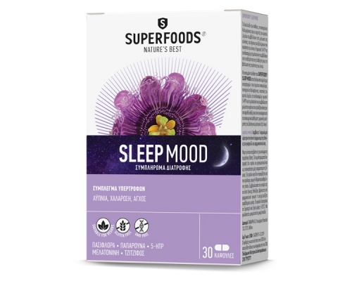 SUPERFOODS Sleep Mood Συμπλήρωμα διατροφής για αυπνία , χαλάρωση & άγχος 30 κάψουλες  SUPERFOODS Sleep Mood Συμπλήρωμα διατροφής για αυπνία , χαλάρωση & άγχος 30 κάψουλες