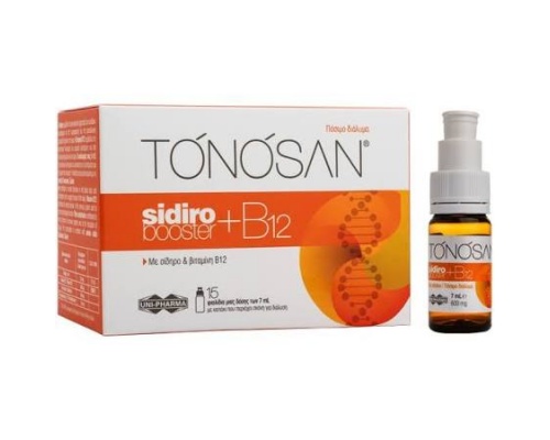 Uni-Pharma TONOSAN sidiro + B12 booster συμπλήρωμα διατροφής για τη διατήρηση επαρκών επιπέδων σιδήρου & βιταμίνης Β12 πόσιμο διάλυμα 15 φιαλίδια μιας δόσης των 7 ml  Uni-Pharma TONOSAN sidiro + B12 booster συμπλήρωμα διατροφής για τη διατήρηση επαρκών επιπέδων σιδήρου & βιταμίνης Β12 πόσιμο διάλυμα 15 φιαλίδια μιας δόσης των 7 ml