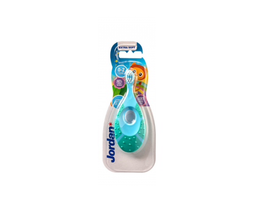 Jordan AS Oral care Step by Step 0-2 Οδοντόβουρτσα με μασητικό για τα ούλα βρεφικής ηλικίας χρώμα Πράσινη-Μπλέ, 1τμχ 