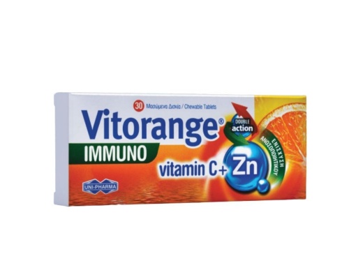 UNIPHARMA Vitorange Immuno Vitamin C + Zn Συμπλήρωμα διατροφής με τη συνεργιστική δράση της Βιταμίνης C και του Ψευδαργύρου, για ενίσχυση του ανοσοποιητικού και προστασία απο το οξειδωτικό στρες 30 Μασώμενα Δισκία UNIPHARMA Vitorange Immuno Vitamin C + Zn Συμπλήρωμα διατροφής με τη συνεργιστική δράση της Βιταμίνης C και του Ψευδαργύρου, για ενίσχυση του ανοσοποιητικού και προστασία απο το οξειδωτικό στρες 30 Μασώμενα Δισκία