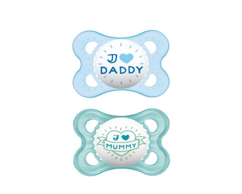 MAM, I Love Mummy & Duddy 115s, Πιπίλα για το Νεογέννητο 2-6 μηνών, χρώμα μπλέ-Γαλάζιο, 2τμχ