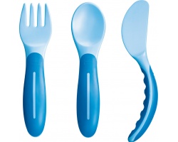 MAM Baby's Cutlery (Πιρουνάκι - κουταλάκι - μαχαιράκι ) Για Βρέφη Από 6 Μηνών & Άνω Συσκευασία των 3 Τεμαχίων χρώματος Μπλέ