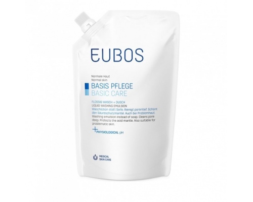 EUBOS, Blue Liquid Washing Emulsion Refill, Ανταλακτικό υγρό καθαρισμού για κανονικό και μικτό δέρμα με φυσιολογικό ph χωρίς άρωμα  400ml