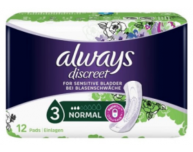 Always Discreet for Sensitive Bladder Normal, Σερβιέτες Ακράτειας για Κανονική Poή, 12 τμχ.