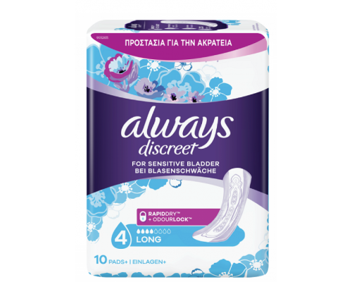 Always Discreet Long, Σερβιέτες Λοχείας, 10 τμχ. Always Discreet Long, Σερβιέτες Λοχείας, 10 τμχ.