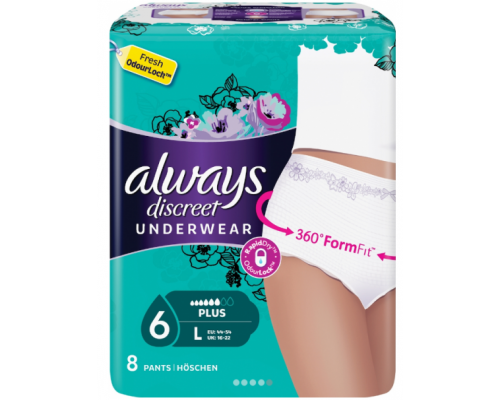 Always Discreet Underwear, Εσώρουχο Ακράτειας, Μέγεθος Large, 8 τμχ. Always Discreet Underwear, Εσώρουχο Ακράτειας, Μέγεθος Large, 8 τμχ.
