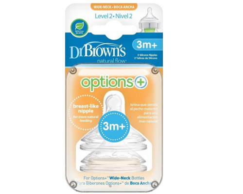Dr. Brown's Natural Flow, Θηλές Σιλικόνης 3m+ για Μπιμπερό Options+ Με Φαρδύ Λαιμό Επίπεδο 2 WN2201, 2τμχ.