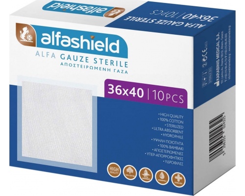 Alfashield Alfa Gauze Sterile Αποστειρωμένες Κομπρέσες Γάζας 36x40, 10τμχ