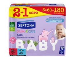 Septona Calm N’ Care, Mωρομάντηλα Sensitive με Αλόη, 2+1 Δώρο, 3x60τμχ. Septona Calm N’ Care, Mωρομάντηλα Sensitive με Αλόη, 2+1 Δώρο, 3x60τμχ.