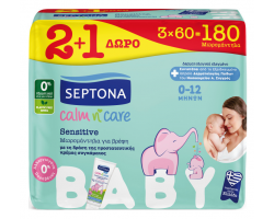 Septona Calm n' Care, Sensitive Baby Wipes 2+1 Δώρο Μωρομάντηλα με Δράση Προστατευτικής Κρέμας Συγκάματος, 3x60τεμ. Septona Calm n' Care, Sensitive Baby Wipes 2+1 Δώρο Μωρομάντηλα με Δράση Προστατευτικής Κρέμας Συγκάματος, 3x60τεμ.