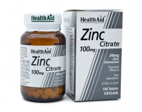 Health Aid Zinc Citrate 100mg Συμπλήρωμα Διατροφής με Ψευδάργυρο, 100 ταμπλέτες Health Aid Zinc Citrate 100mg Συμπλήρωμα Διατροφής με Ψευδάργυρο, 100 ταμπλέτες