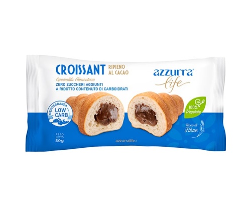 Azzurra Life Κρουασάν με Γέμιση Κρέμας Κακάο με Χαμηλό Γλυκαιμικό Δείκτη & με Χαμηλούς Υδατάθρακες, 50gr  Azzurra Life Κρουασάν με Γέμιση Κρέμας Κακάο με Χαμηλό Γλυκαιμικό Δείκτη & με Χαμηλούς Υδατάθρακες, 50gr