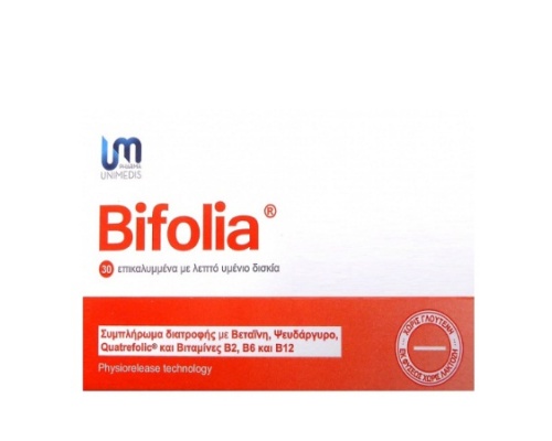 Unimedis Pharma Bifolia Συμπλήρωμα Διατροφής με Βεταΐνη, Φολασίνη, Ψευδάργυρο & Βιταμίνες Β2, Β6 & Β12, 30 δισκία