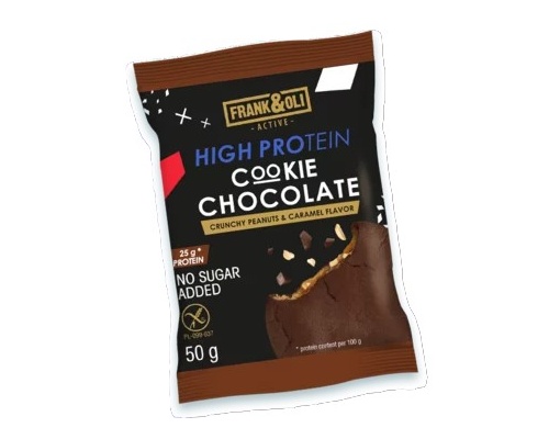 Frank & Oli High Protein Cookie Chocolate Crunchy Peanuts & Caramel Flavor Μαλακό Μπισκότο Υψηλής Περιεκτικότητας σε Πρωτεΐνη με Κρούστα Σοκολάτας & Γέμιση με Φιστίκια & Γεύση Καραμέλας, 50gr 
